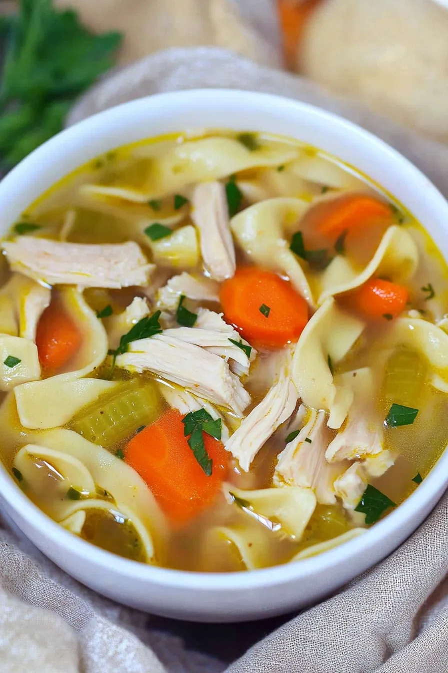 Warm, inviting dish with tender meat, spiral noodles, and colorful vegetables