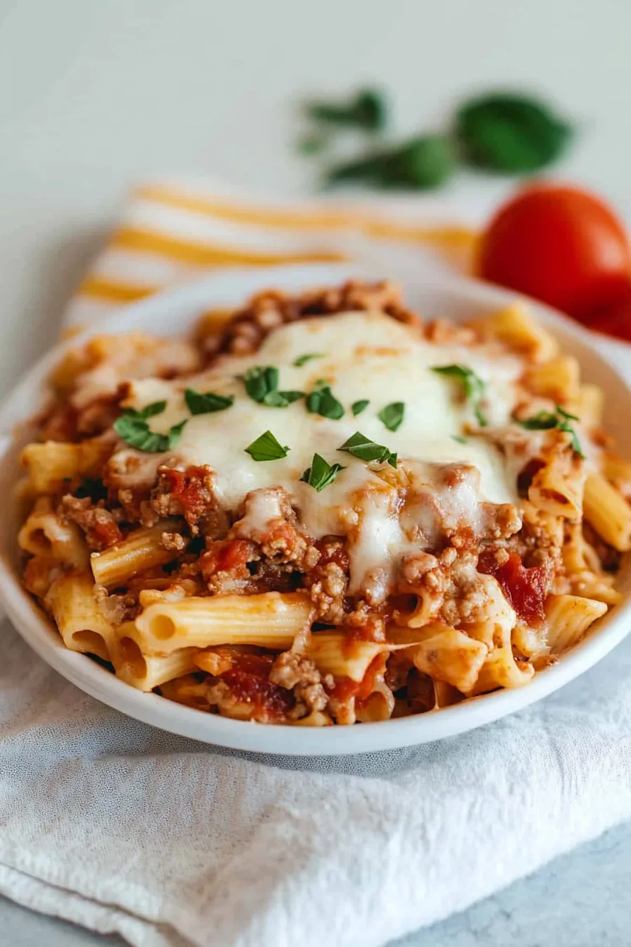 Overhead shot of a golden-brown cheesy pasta bake.