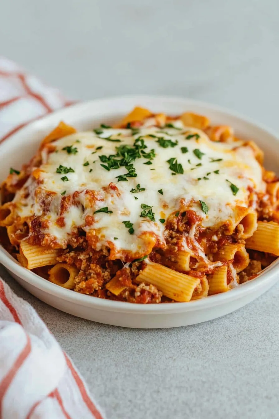 Slice of pasta bake plated with a sprig of parsley on the side.