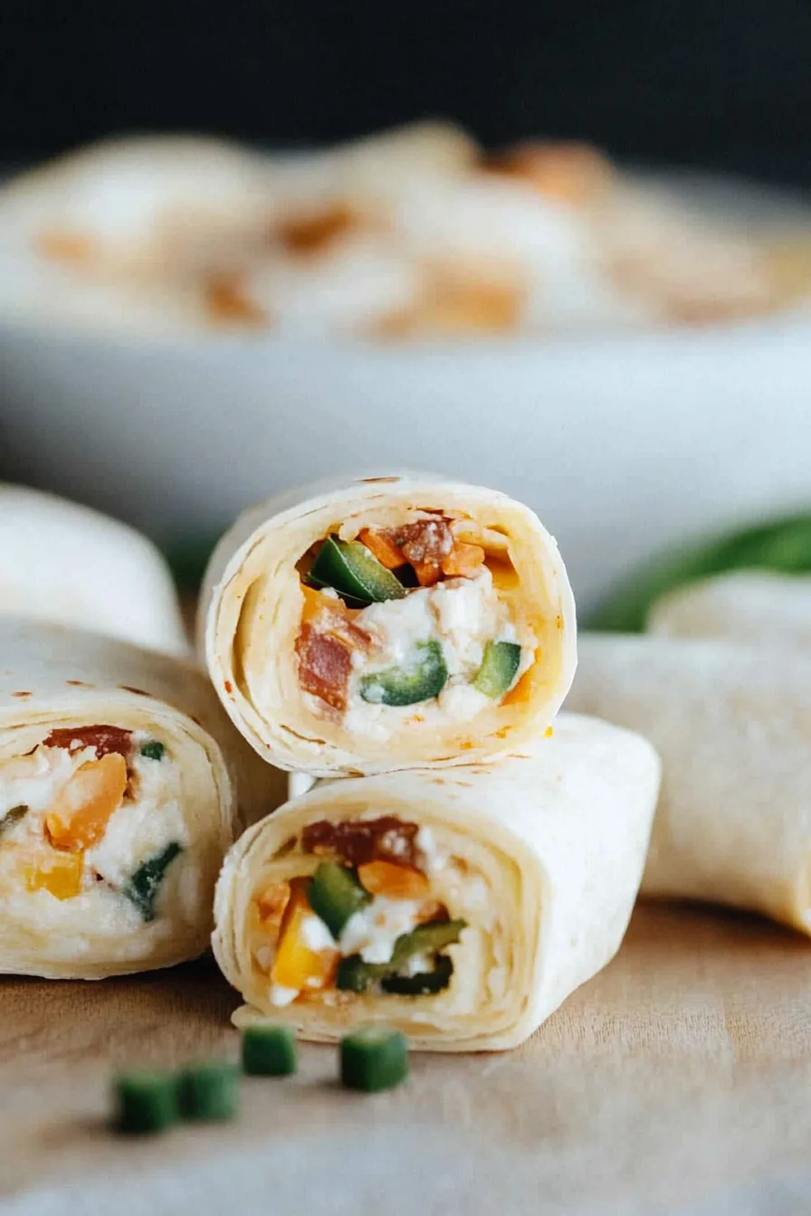 Small rolled bites with a creamy filling, garnished and ready for snacking