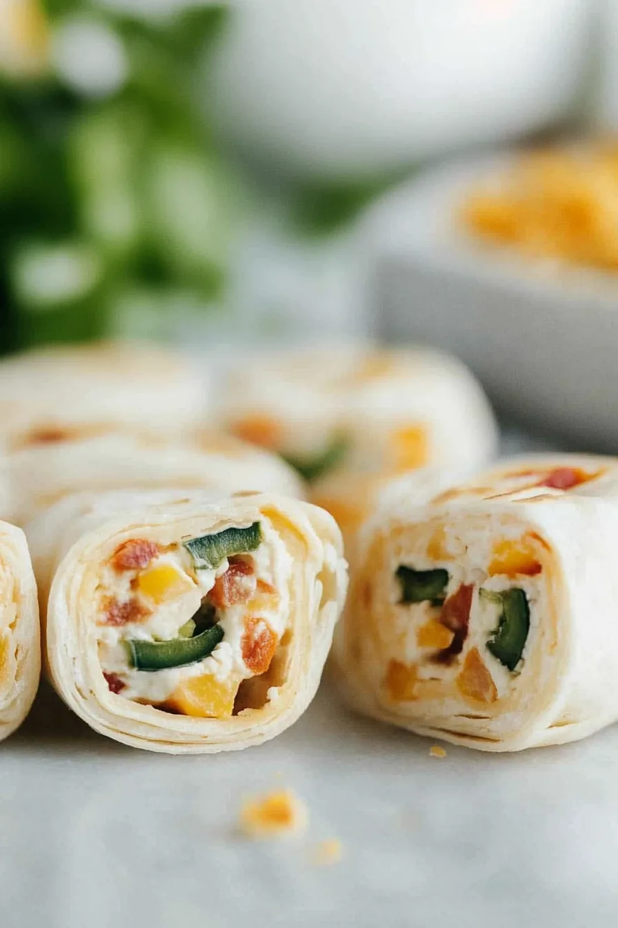 Creamy, savory roll ups sliced into rounds and ready to serve