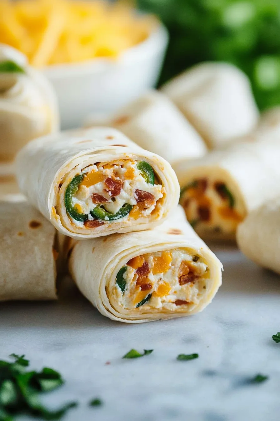 Close-up of tortilla spirals showing colorful filling inside