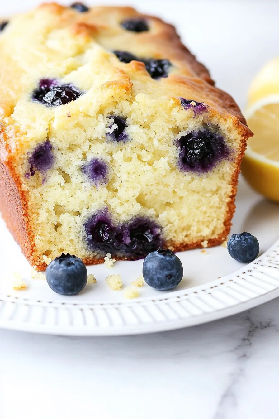 Freshly baked loaf with blueberries and a light lemon glaze on top.