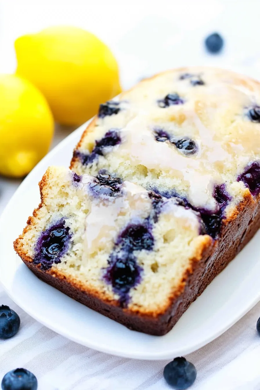 Sliced quick bread showing a soft crumb with blueberries insid