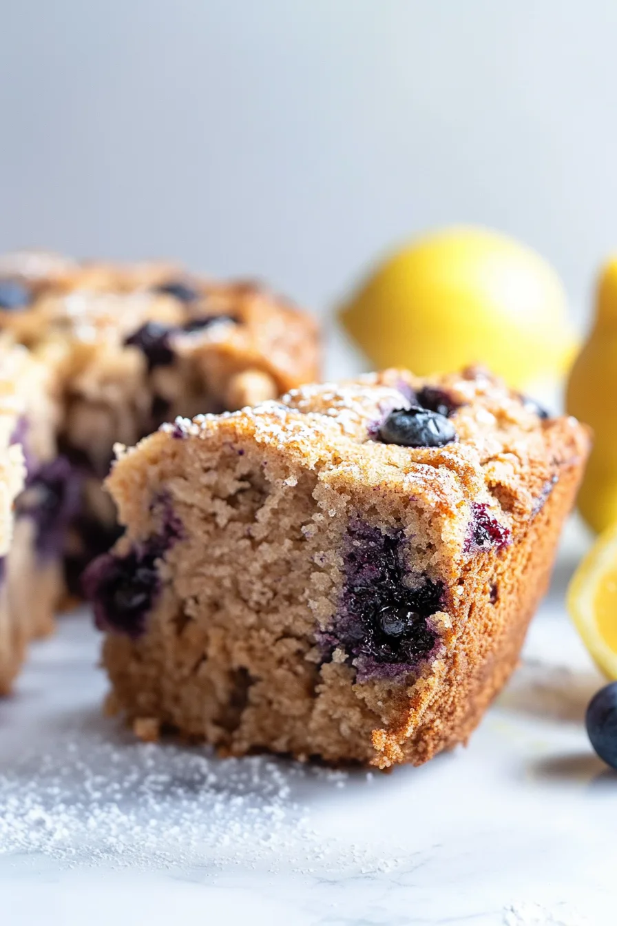 Cake squares with blueberries arranged on a serving dish