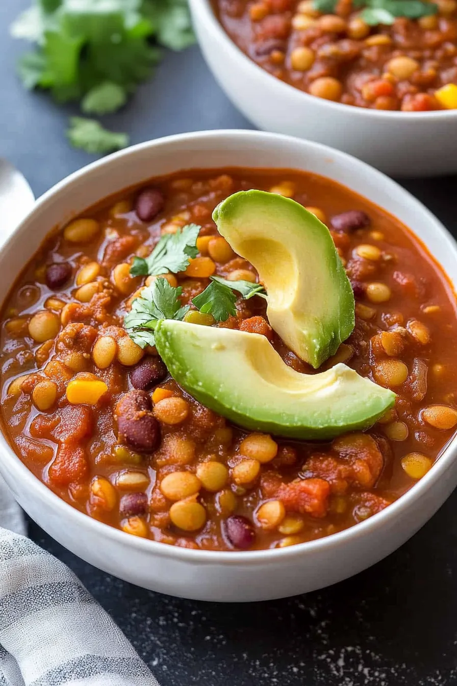 Close-up of a rustic, vegetable-packed dish served in a neutral-toned bowl.