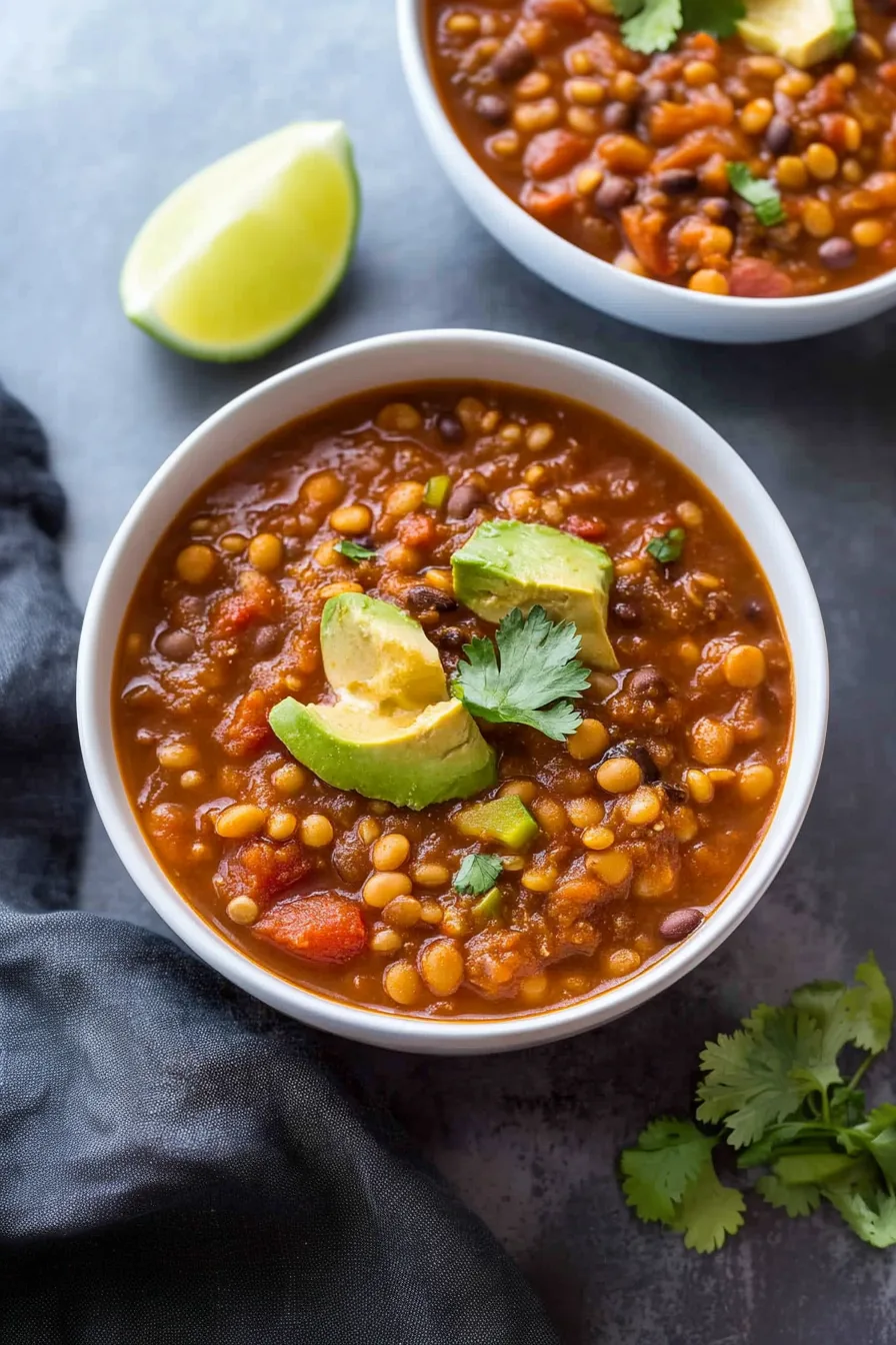 A bowl of thick, hearty stew garnished with chopped herbs and avocado slices.