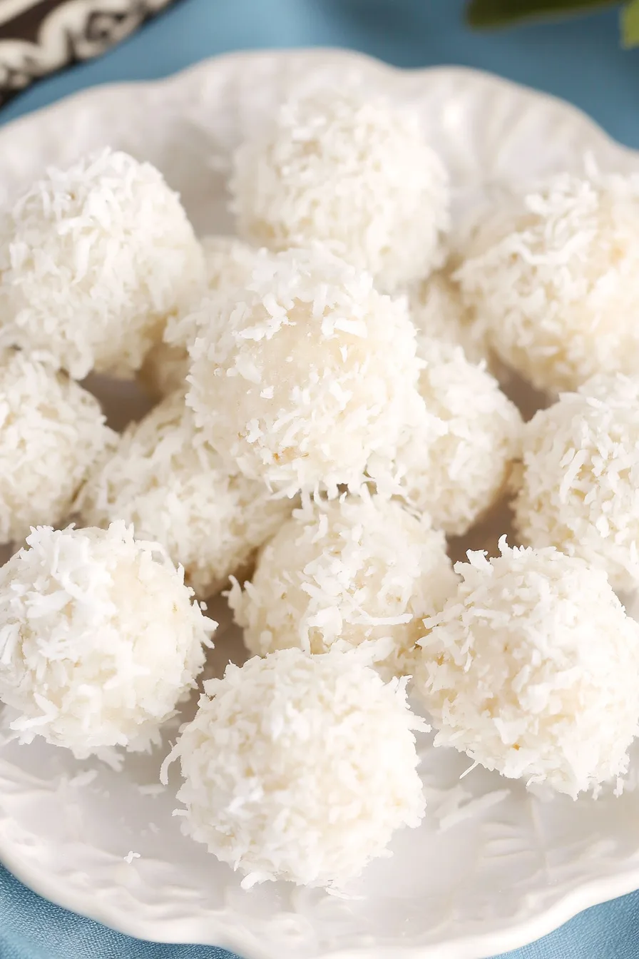 Close-up of coconut-covered confections with a light citrus drizzle