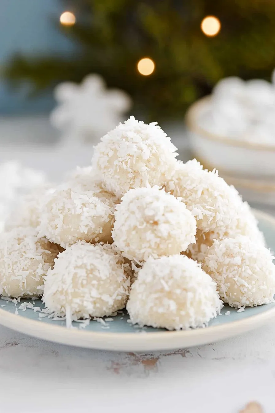 Round, powdered treats displayed on a decorative plate with glaze glistening