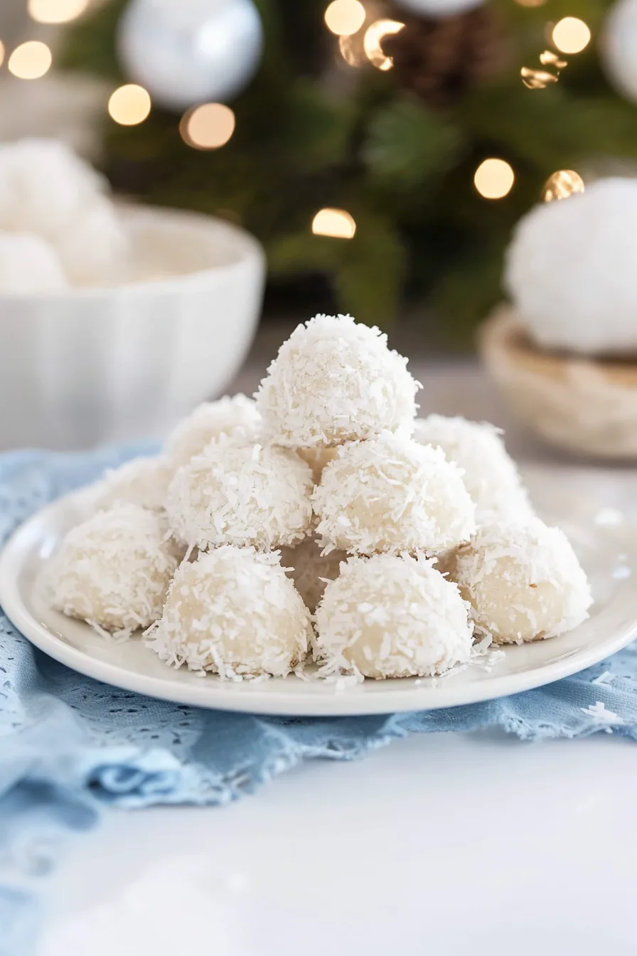 Snowball cookies stacked on a white plate with shredded coconut visible