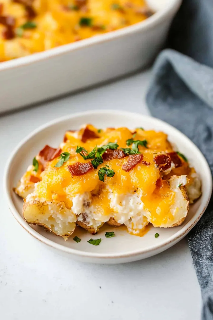Hearty potato casserole garnished with fresh chives