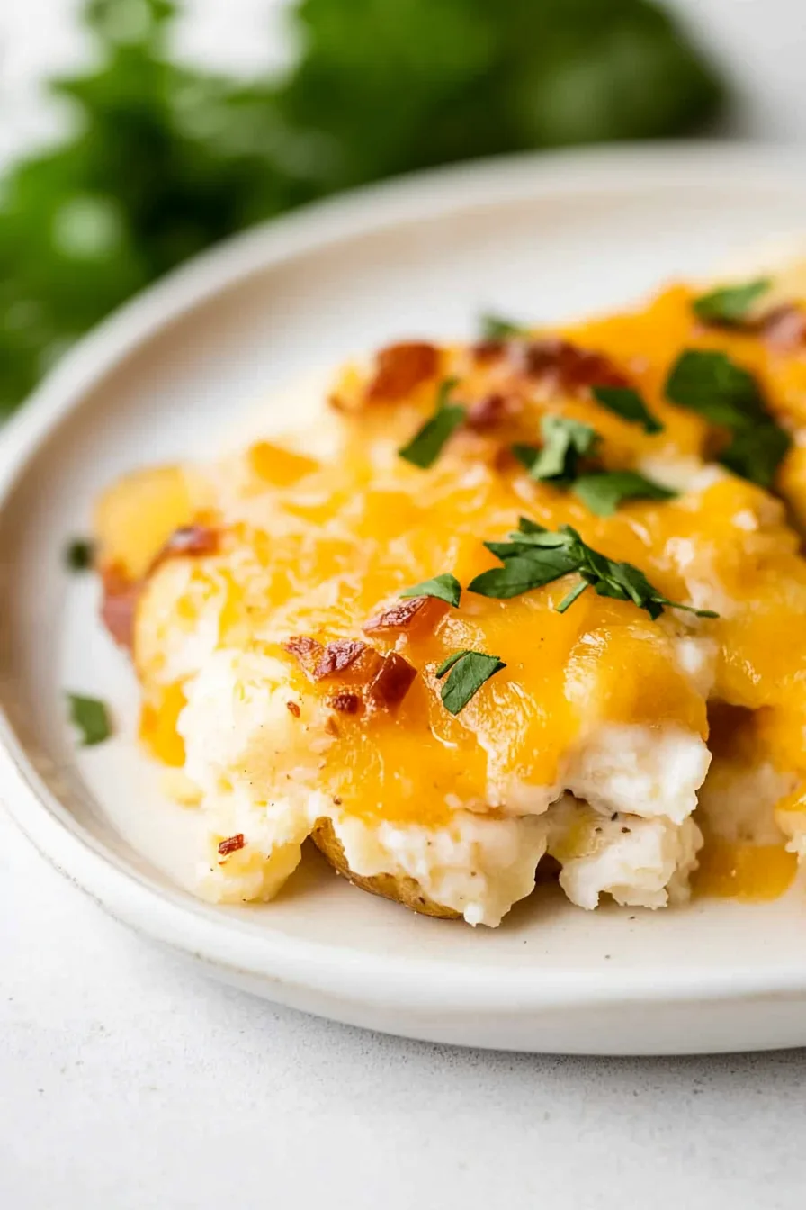 Close-up of a cheesy baked potato casserole topped with bacon and green onions