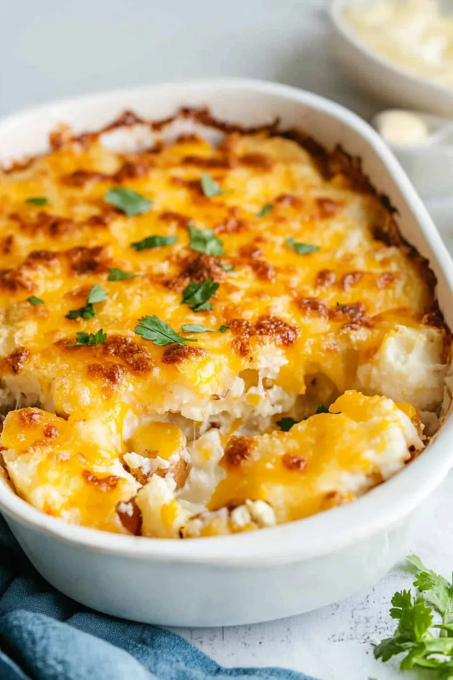 Golden, bubbly potato bake fresh out of the oven