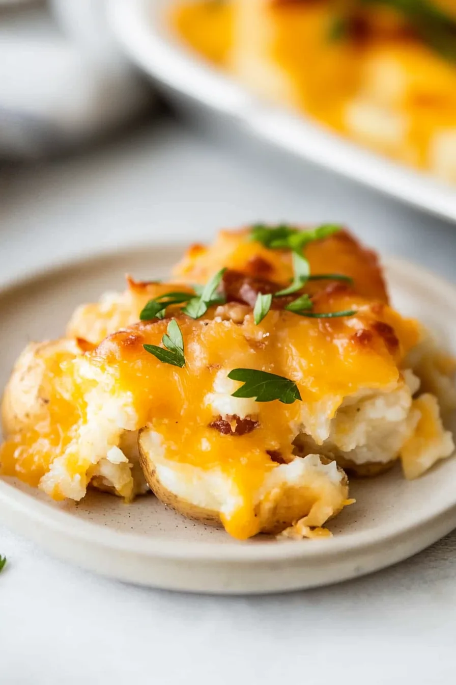 Bubbly, golden-brown potato bake cooling on the counter