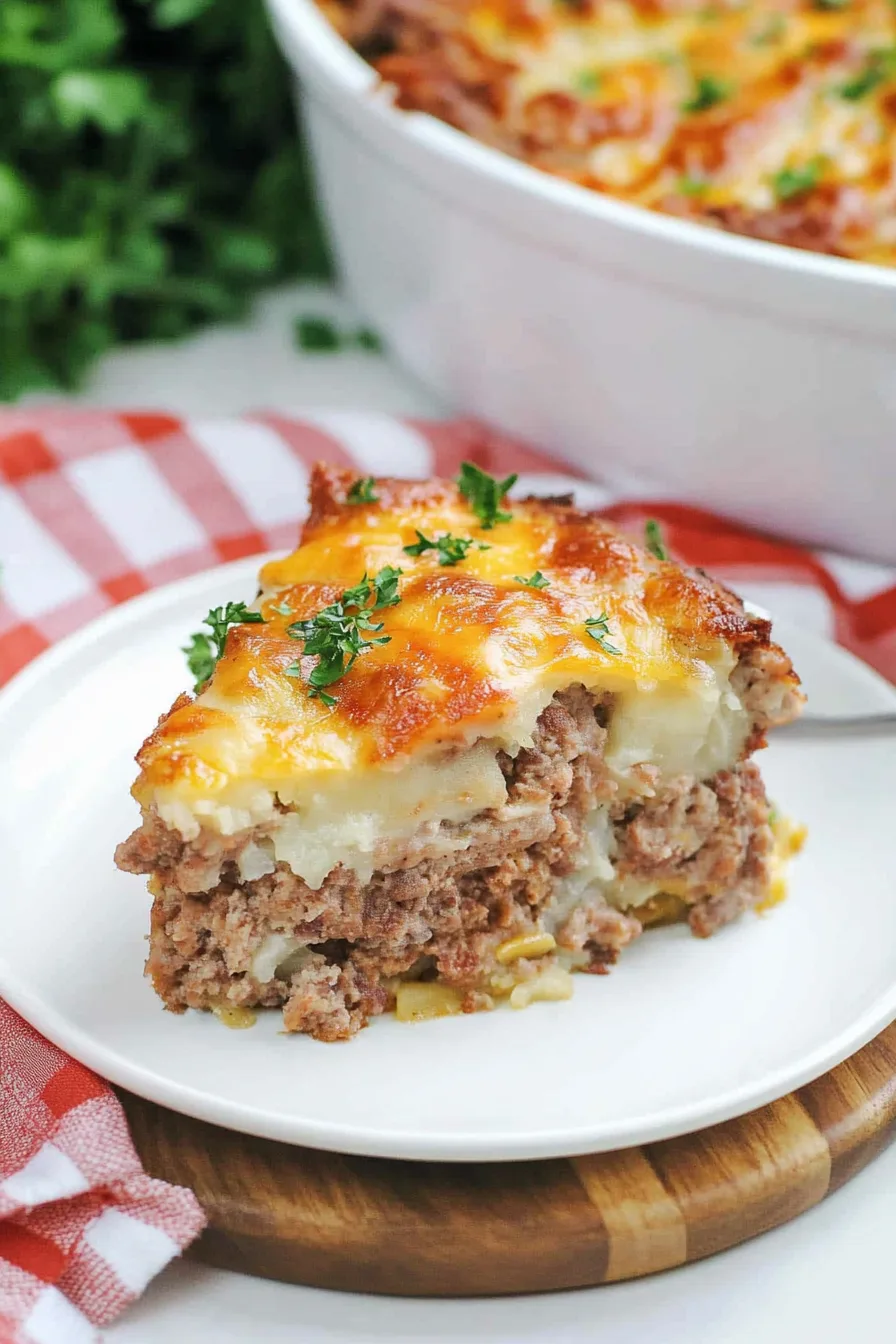 Slice of hearty casserole served on a plate with garnish