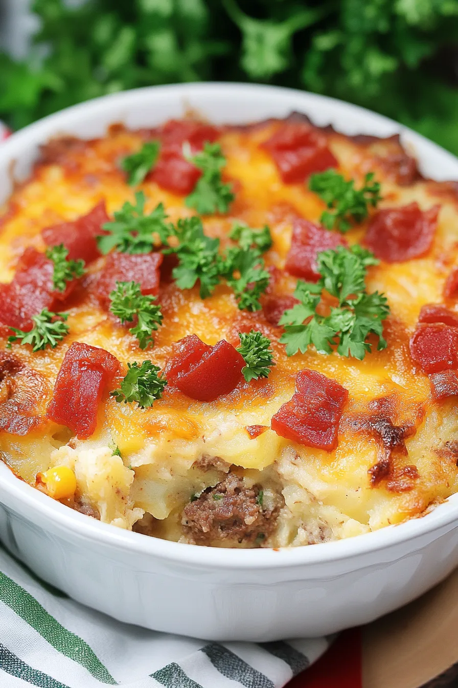 Golden cheesy topping bubbling over a hearty baked dish
