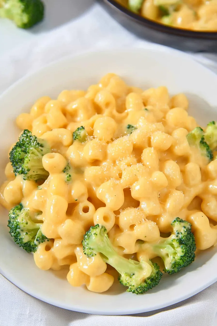 Close-up of broccoli pieces coated in a cheesy sauce.