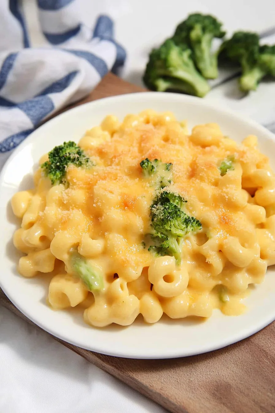 Creamy pasta mixed with green broccoli florets in a white bowl.