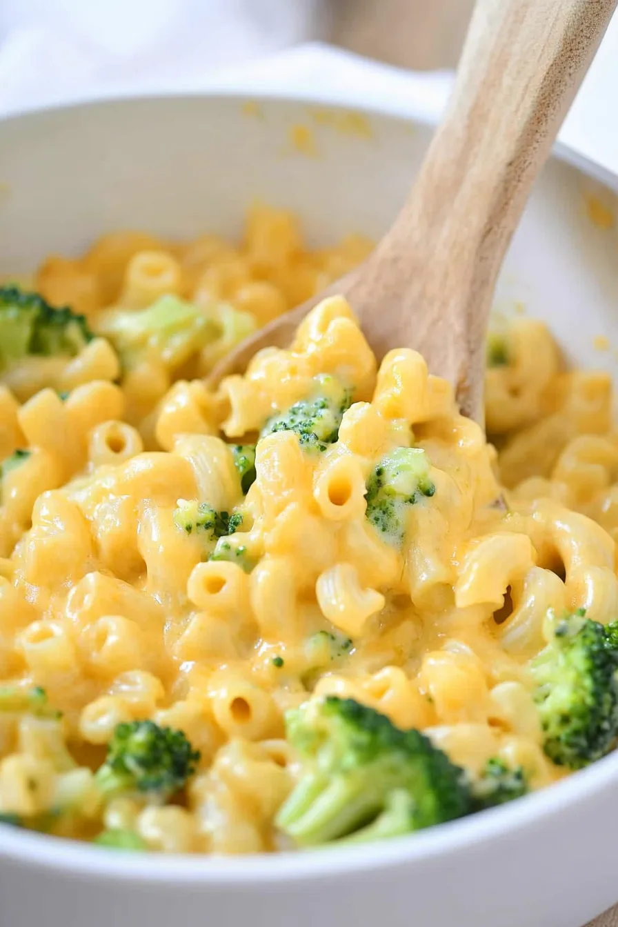 Spoon lifting a portion of cheesy pasta with broccoli.