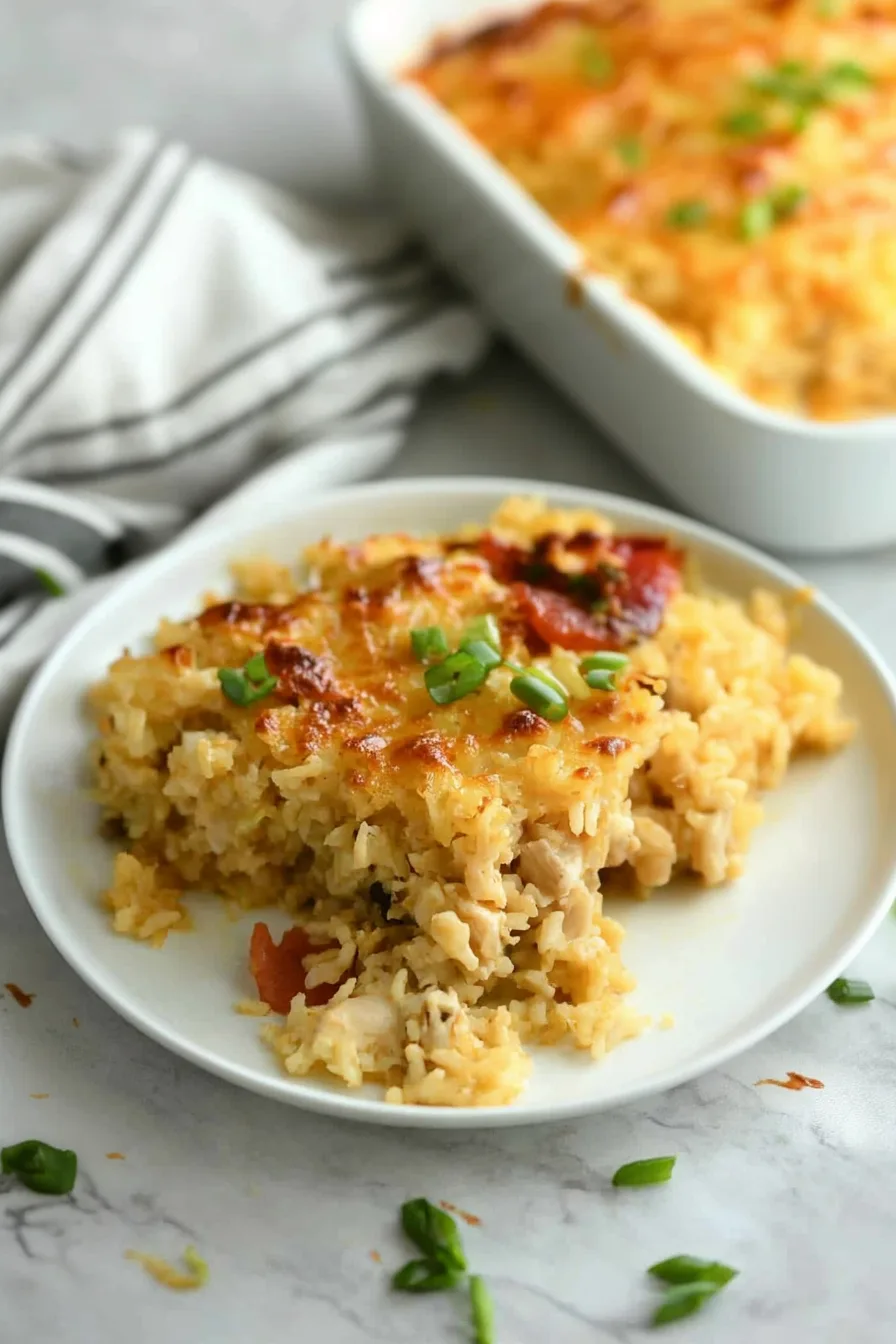 Creamy chicken and rice casserole topped with melted cheese