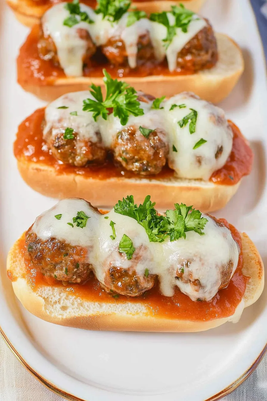 Small skewers with juicy meatballs drizzled in red sauce.