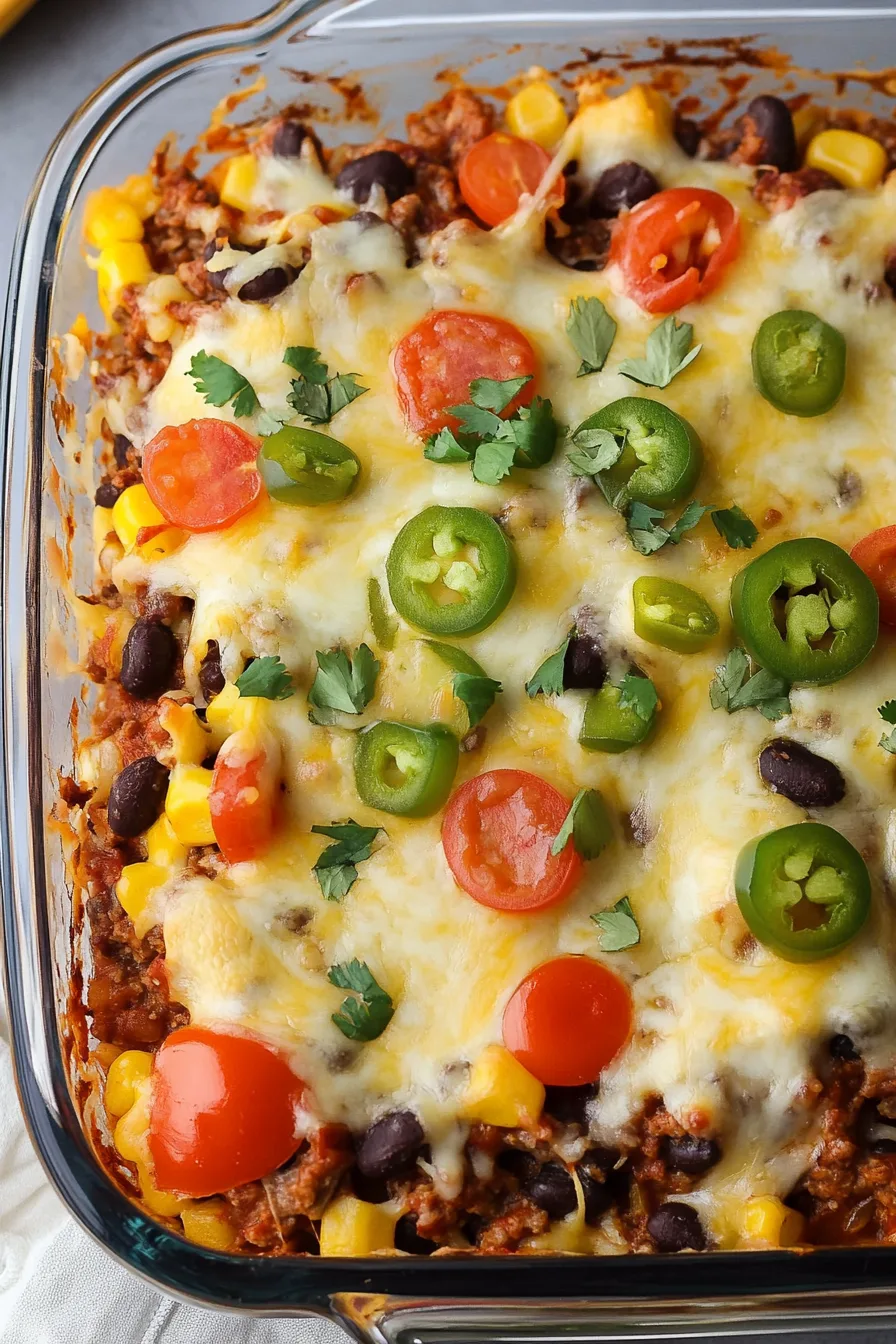 Hearty casserole served on a plate with layers of beef, beans, and cheese.