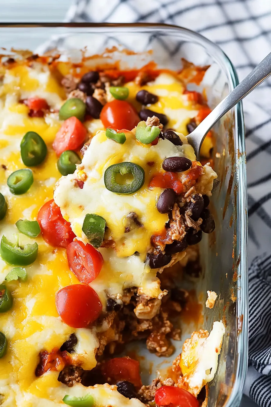 Close-up of a cheesy beef casserole with golden edges.