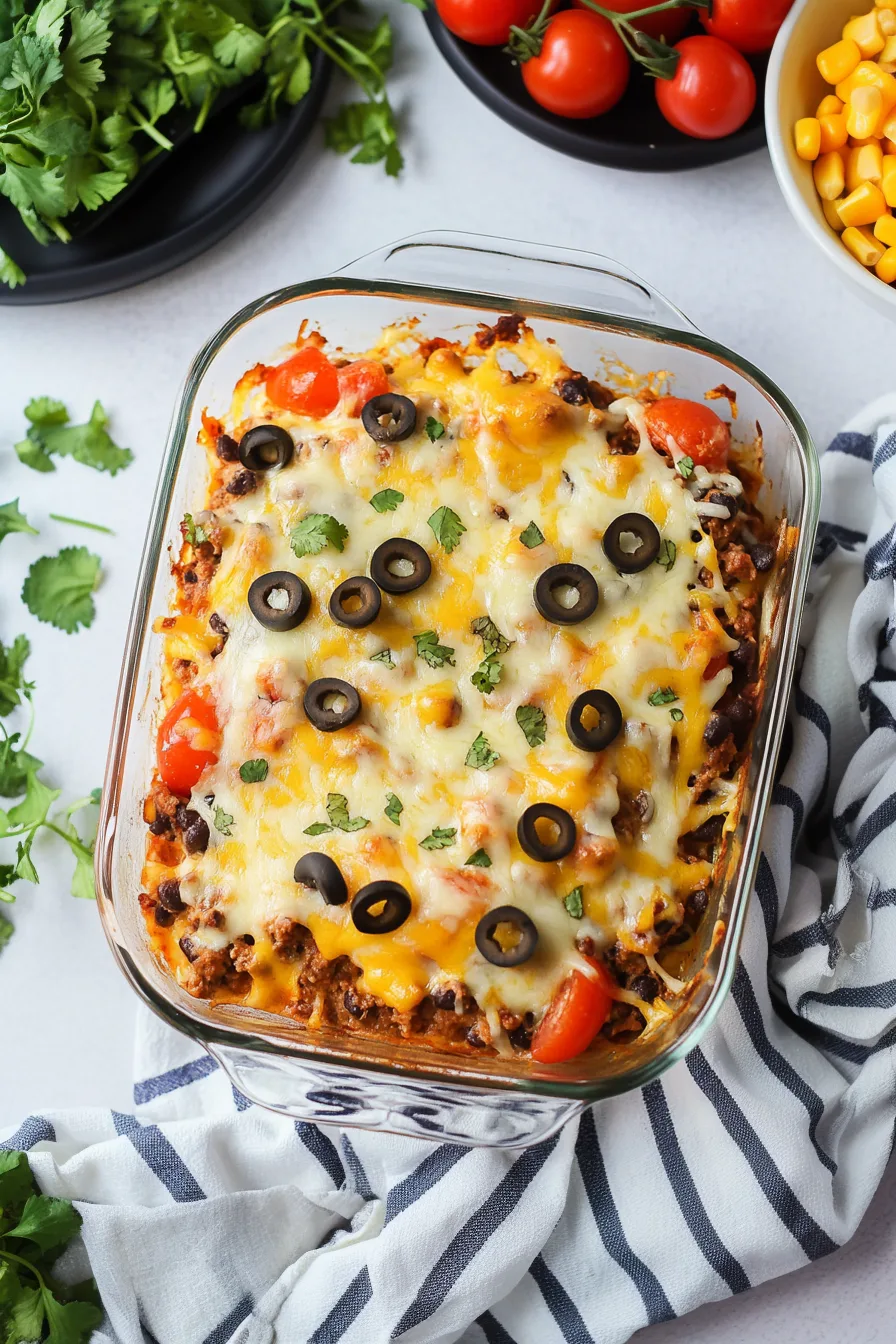 Comfort food casserole in a baking pan placed on a rustic table.