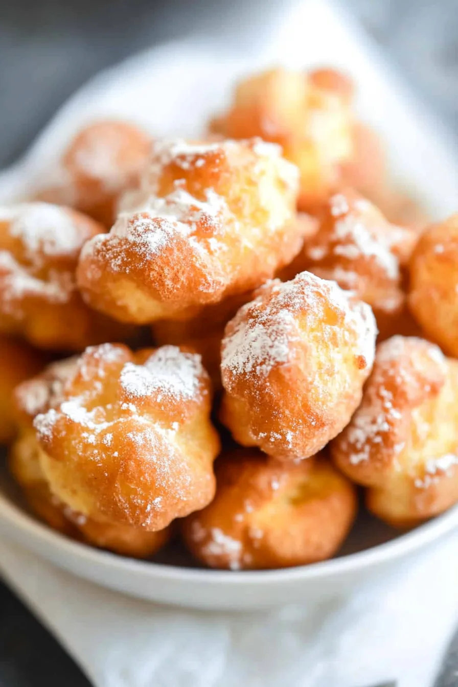 Close-up of crispy, airy dessert bites with a sugar coating