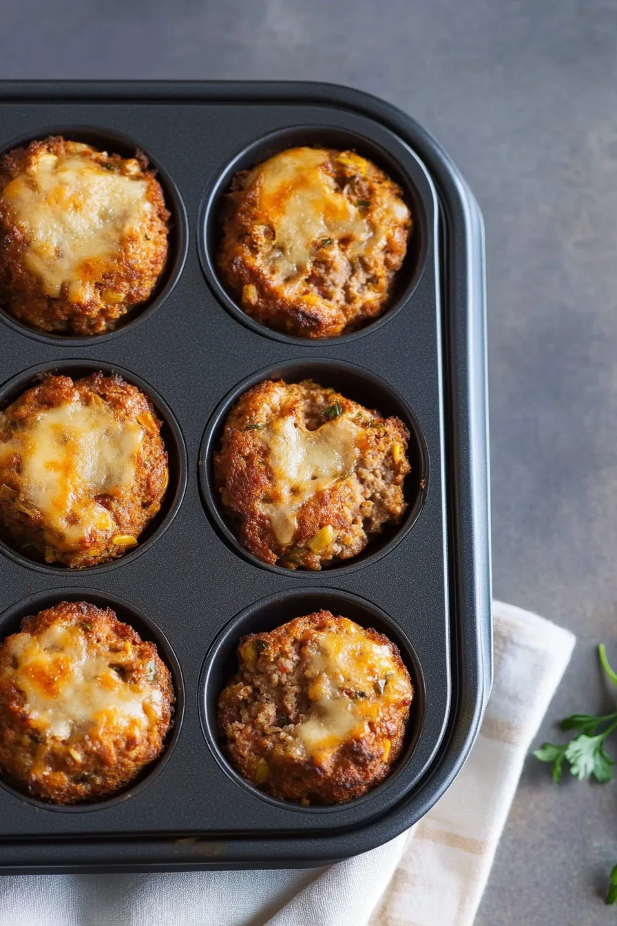 Overhead view of small baked meatloaves cooling in a muffin pan