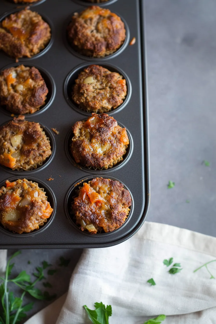 Close-up of golden brown mini meatloaves topped with ketchup glaze in a muffin tin