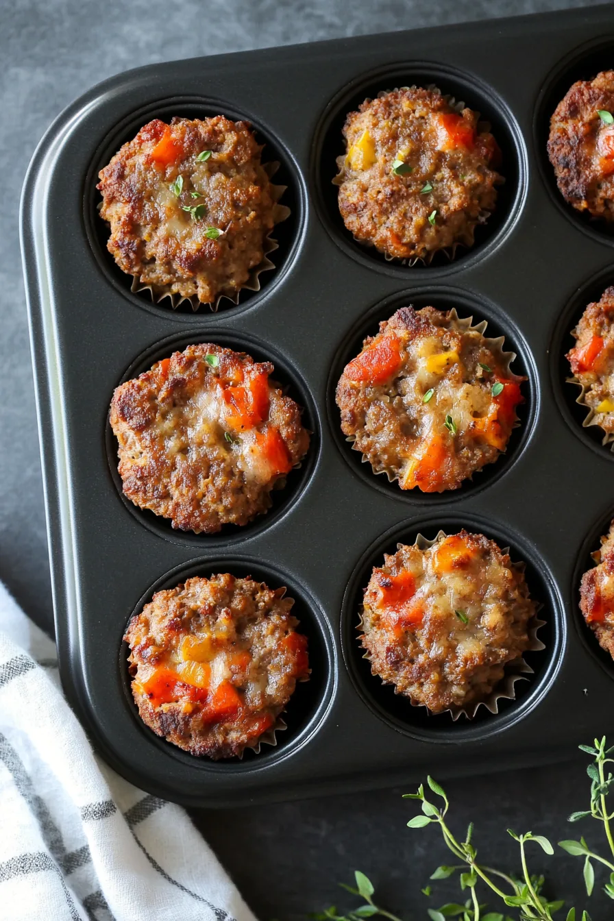 Golden-baked individual meatloaves cooling in a muffin pan