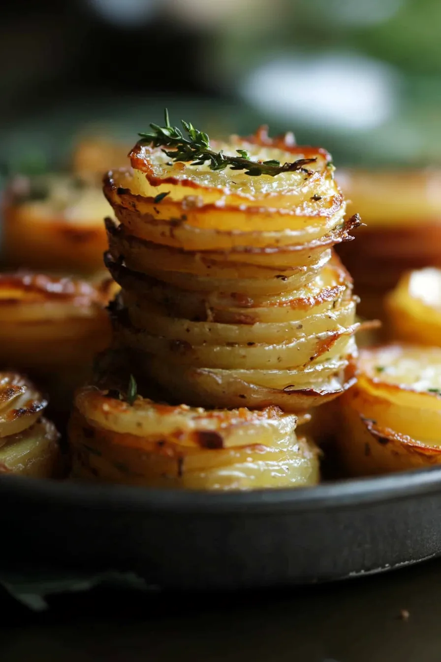 Golden, crispy potato stacks with fresh herb garnish on a plate.