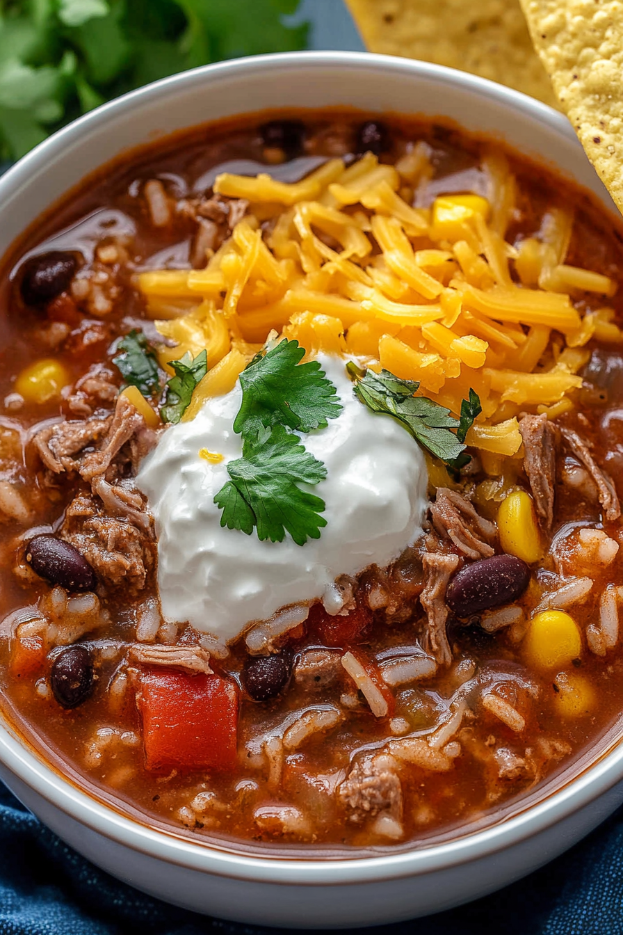 A close-up of a steaming one-pot meal with beans, tomatoes, and fresh herbs.