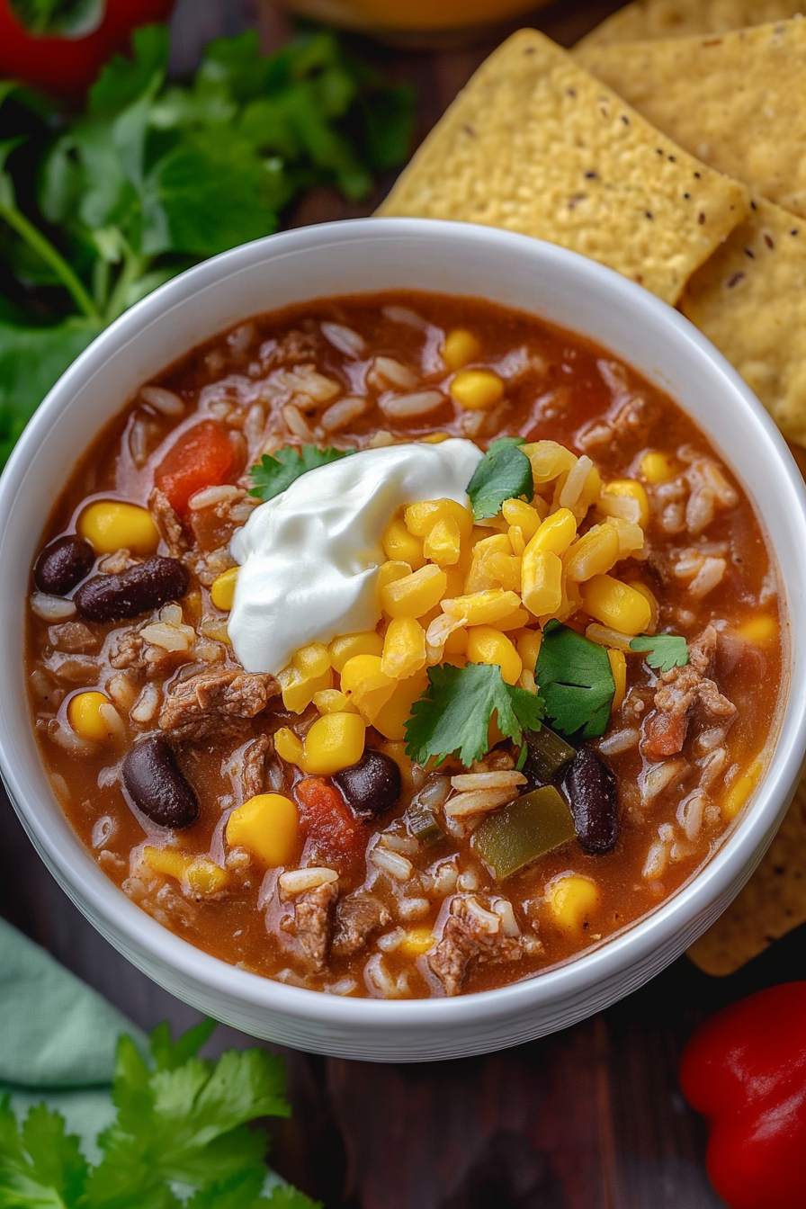 Overhead shot of a colorful soup filled with vegetables, rice, and tender beef.