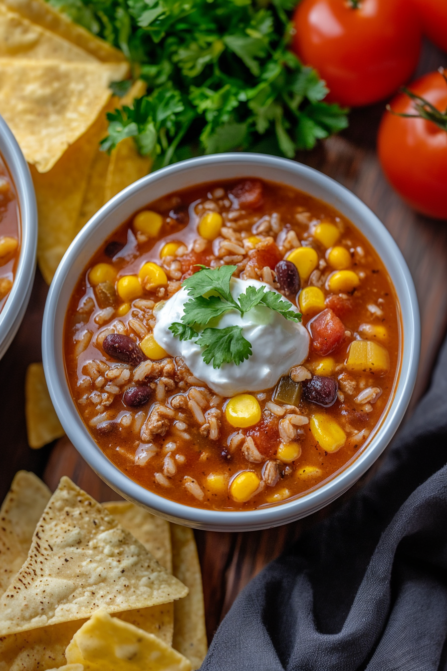 Cozy dinner setting featuring a bowl of warm, comforting Mexican-style soup.