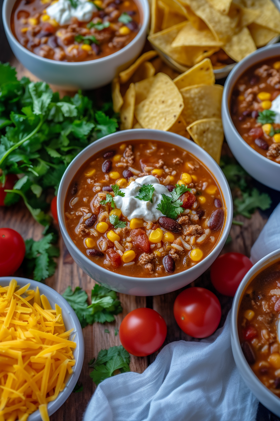 Hearty beef and rice soup served in a rustic bowl with cilantro garnish.