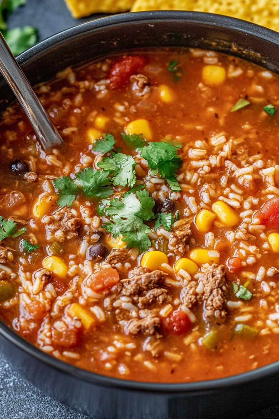 Ladle scooping beef, rice, and vegetables from a simmering soup pot.