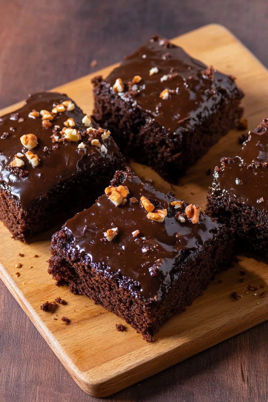Close-up of fudgy cake topped with smooth chocolate icing