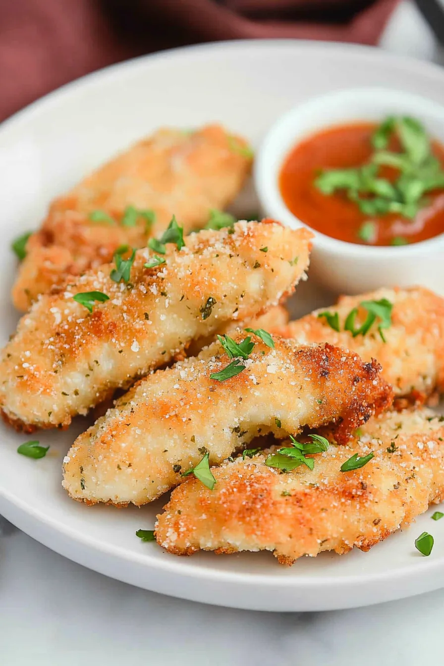 Crispy coated bites displayed with a dipping sauce