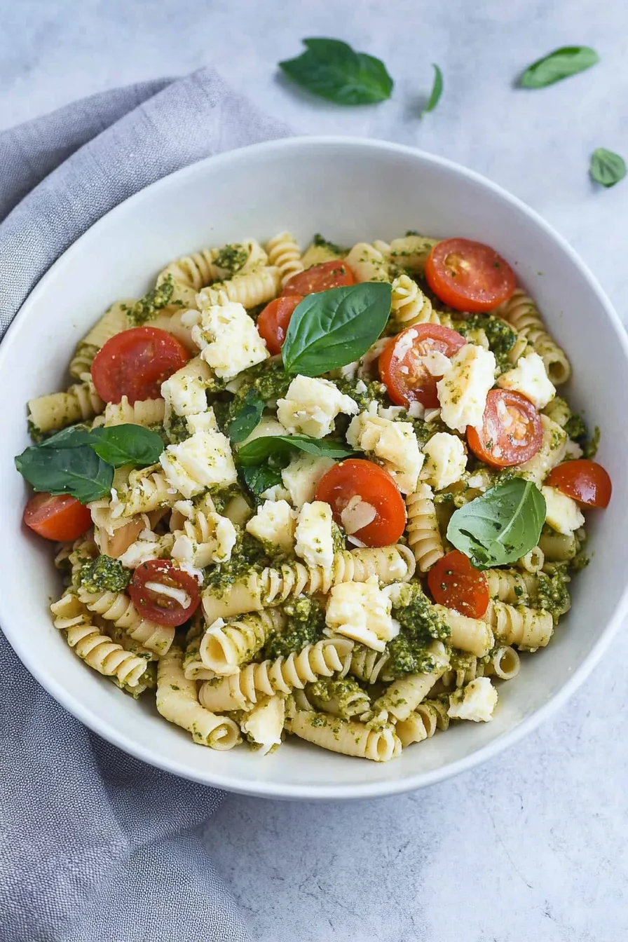 Fresh summer salad with pasta, tomatoes, and herbs