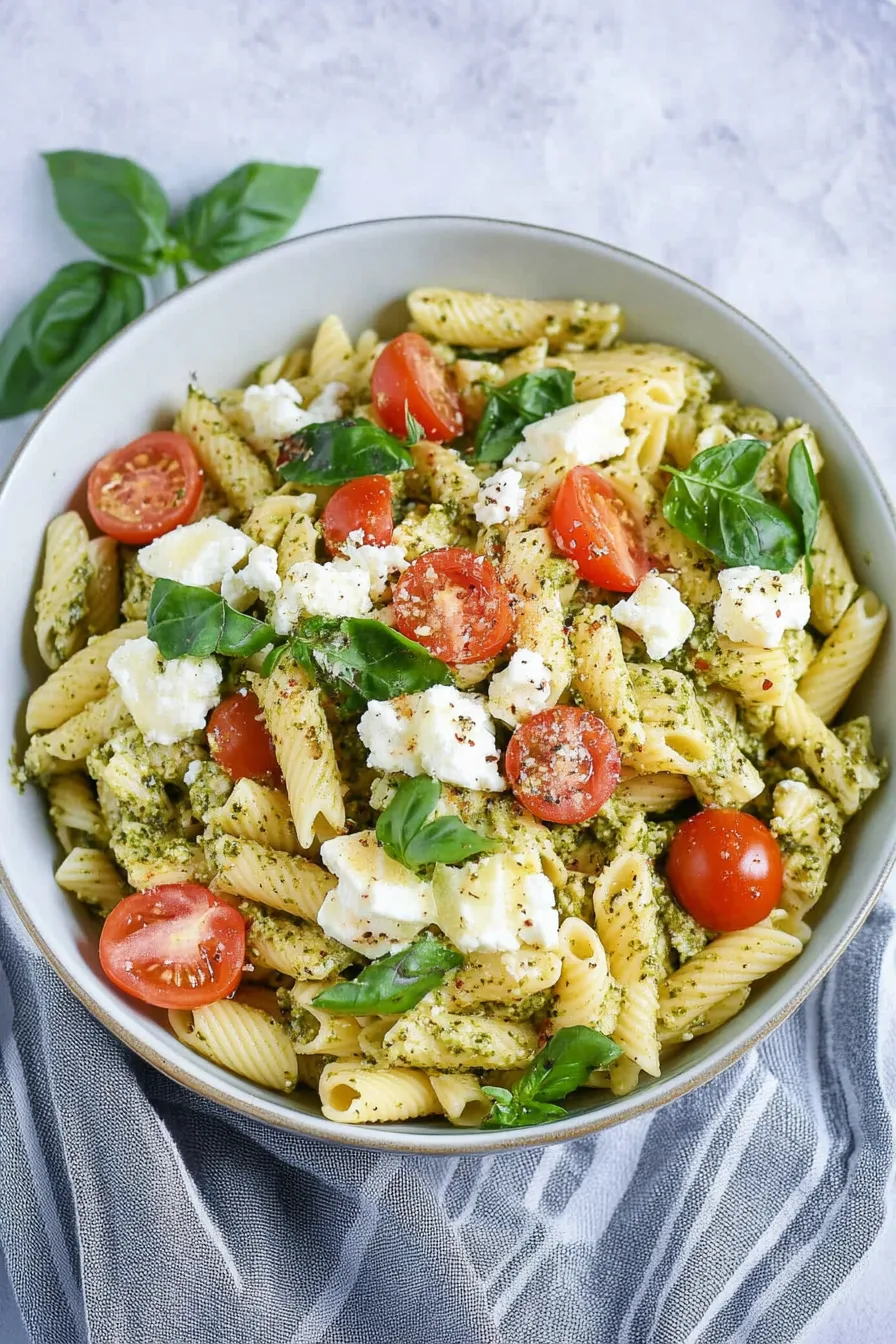 Colorful pasta salad tossed with fresh basil pesto