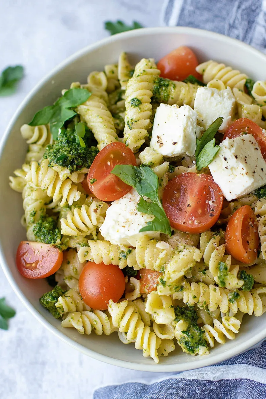 Close-up of pasta coated in green pesto sauce