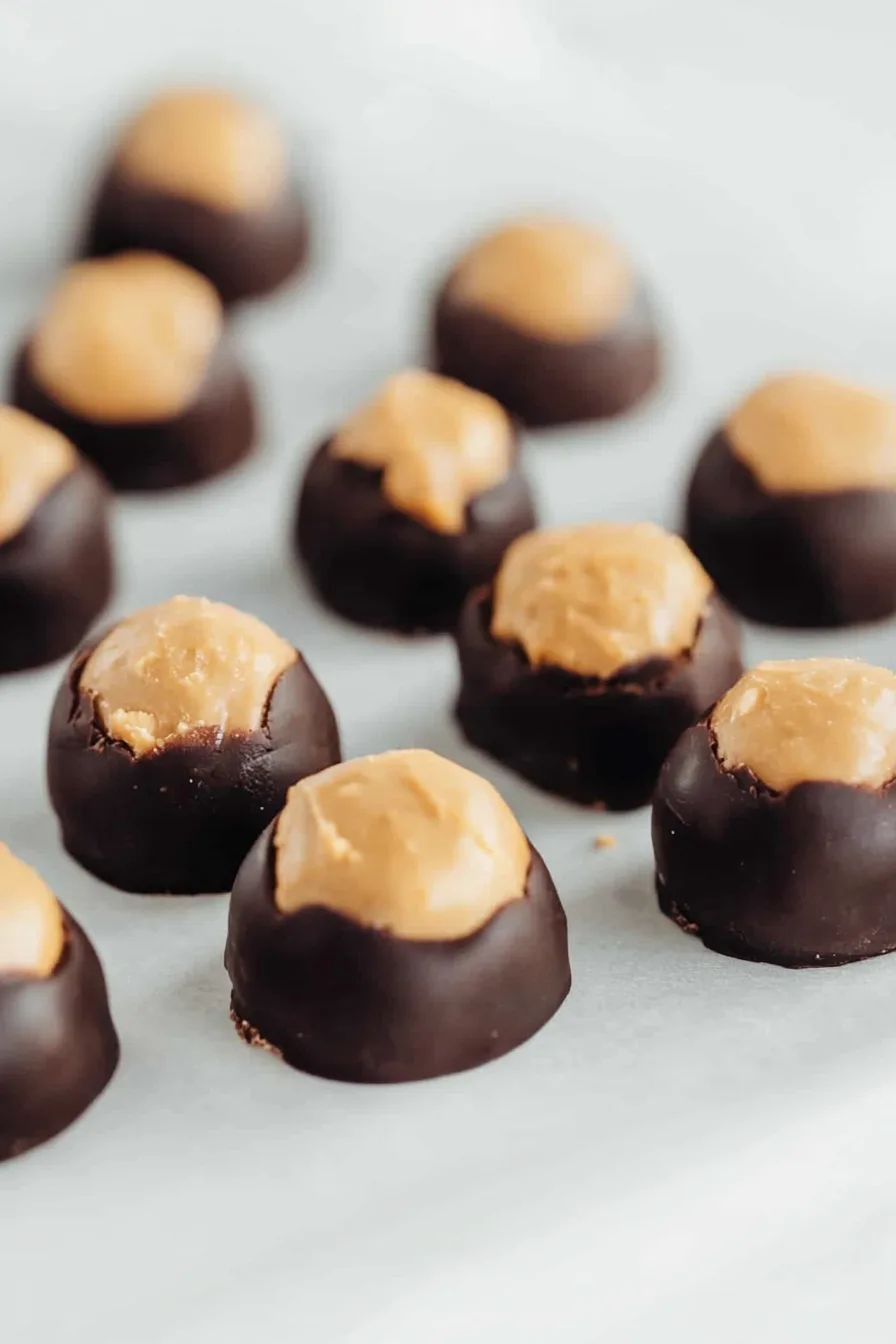 Stack of homemade chocolate-dipped sweets on a rustic board.