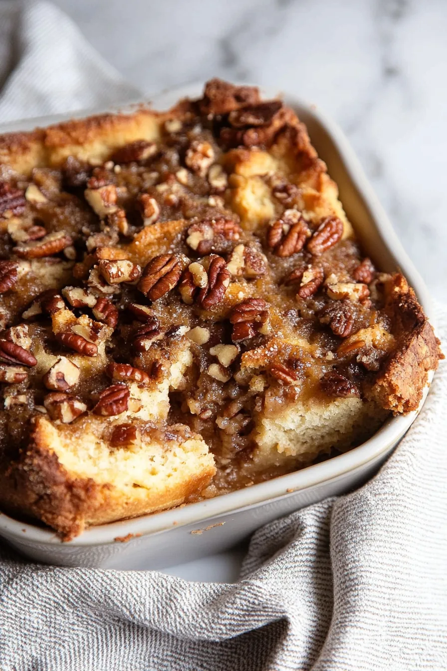 Close-up of pecans layered over moist bread pudding