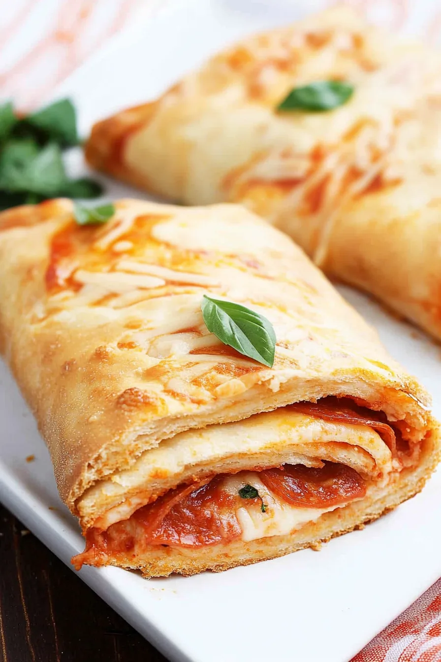 Close-up of a cheesy pull-apart slice with layers of pepperoni.