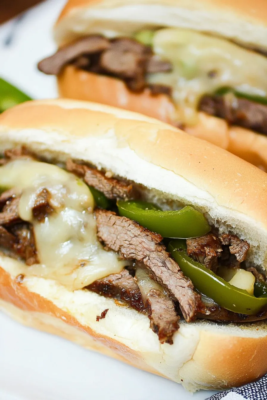 Close-up of caramelized onions and peppers layered over tender steak in bread.