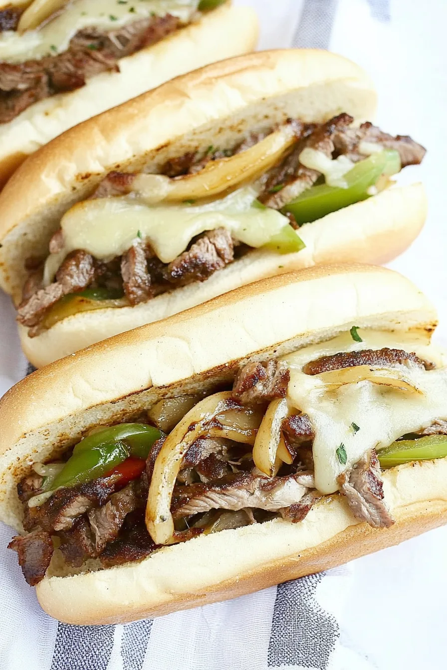 Golden sandwich roll overflowing with savory meat and gooey cheese.
