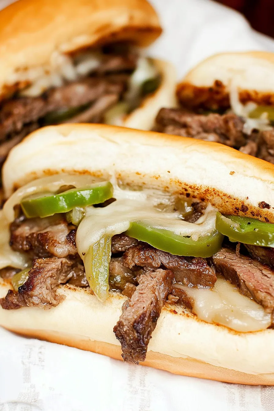 Philly cheese steak sandwich served on a rustic wooden board.
