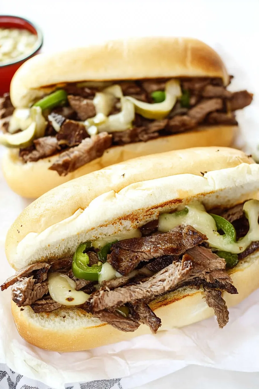 Freshly grilled beef slices with melted cheese in a toasted hoagie roll.